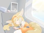  1girl animal_ear_fluff animal_ears arknights blonde_hair blue_ribbon closed_mouth commentary_request dress feigning_sleep fie_in_b86 fox_ears fox_girl fox_tail hairband kitsune kyuubi long_hair lying mirror multicolored_hair multiple_tails neck_ribbon official_alternate_costume on_side orange_dress orange_hairband parted_lips pinafore_dress prehensile_tail puffy_short_sleeves puffy_sleeves reflection ribbon selfie shirt short_sleeves sleeveless sleeveless_dress solo suzuran_(arknights) suzuran_(let&#039;s_carnival!)_(arknights) tail thighhighs two-tone_hair white_hair white_shirt white_thighhighs 