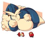  2023 ambiguous_gender anthro apple belly big_belly blue_body blue_fur blue_hair chubby_belly chubby_cheeks claws ears_back eyes_closed food fruit fur fusion generation_1_pokemon generation_4_pokemon hair half_eaten_food hand_on_cheek hand_on_stomach hi_res lopunny lying multicolored_body multicolored_fur multicolored_hair nintendo obese obese_ambiguous obese_anthro on_side overweight overweight_ambiguous overweight_anthro pivoted_ears plant pokemon pokemon_(species) pokemon_fusion snorlax solo superspoe tan_body tan_fur tan_skin teeth thick_thighs two_tone_body two_tone_fur two_tone_hair wide_hips 