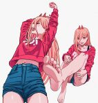  +_+ 1girl absurdres arms_up bare_legs barefoot chainsaw_man collarbone demon_horns denim denim_shorts feet foreshortening hair_between_eyes highres horns legs looking_at_viewer midriff midriff_peek multiple_views navel power_(chainsaw_man) red_shirt sharp_teeth shiren_(ourboy83) shirt shorts simple_background soles stretching teeth toes white_background yawning 