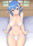  absurdres ahoge arm_support bikini blue_eyes blue_hair blush breasts closed_mouth crescent crescent_hair_ornament flower hair_flower hair_ornament highres indoors momio navel on_bed pointy_ears rena_lanford sitting smile star_ocean star_ocean_anamnesis swimsuit white_bikini window 