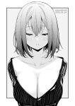  1girl breasts cleavage closed_eyes collarbone commentary_request dated grey_background greyscale hair_between_eyes highres kichihachi large_breasts mole mole_under_mouth monochrome original parted_lips shirt short_hair simple_background solo striped striped_shirt twitter_username two-tone_background upper_body vertical-striped_shirt vertical_stripes white_background 