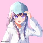  1girl :d adjusting_clothes adjusting_headwear agomo baseball_cap blush commentary_request fangs hair_between_eyes hat hood hoodie hoshino_ai_(oshi_no_ko) long_hair long_sleeves open_mouth oshi_no_ko pink_background puffy_sleeves purple_eyes purple_hair shade shadow sidelocks simple_background smile solo star-shaped_pupils star_(symbol) symbol-shaped_pupils teeth twitter_username upper_body upper_teeth_only variant_set white_hoodie 