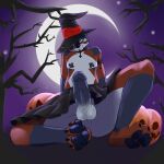  absurd_res anthro big_penis bottomwear canid canine canis clothing genitals halloween hat headgear headwear hi_res holidays male mammal night pawpads paws penis sayuri_fox skirt solo thick_penis witch_costume witch_hat wolf 
