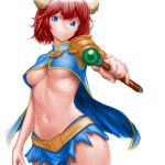  1girl armor blue_eyes blue_skirt breasts brown_horns closed_mouth cowboy_shot highres holding holding_scepter horns medium_breasts midriff minamoto80486 miniskirt navel original pauldrons red_hair scepter short_hair shoulder_armor simple_background single_pauldron skirt smile solo standing torn_clothes torn_skirt underboob white_background 