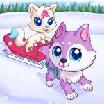  all_fours ambiguous_gender big_eyes big_head blue_eyes canid canine canis circle_eyebrows detailed_background domestic_dog duo eyebrows feral fluffy fox hasbro hi_res husky lady_luck_(lps) lithiumlps littlest_pet_shop lps_2110 mammal nordic_sled_dog paws plant sled smile snow snowing spitz tree walking 