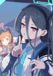  &lt;key&gt;_(blue_archive) 2girls :3 ? absurdly_long_hair animal_ear_headphones animal_ears black_hair blue_archive blunt_bangs blurry breast_pocket cat_ear_headphones collared_shirt commentary_request depth_of_field fake_animal_ears finger_to_mouth hair_between_eyes hair_ribbon halo headphones highres hood hooded_coat hooded_jacket index_finger_raised jacket long_hair long_sleeves looking_at_viewer momoi_(blue_archive) multiple_girls necktie one_side_up open_clothes open_jacket parted_bangs parted_lips pocket purple_eyes red_eyes ribbon school_uniform shirt short_hair sidelocks solo_focus suspenders translation_request tress_ribbon very_long_hair yucblossom 