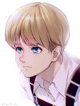  1boy armin_arlert artist_name backlighting blonde_hair bloom blue_eyes bowl_cut commentary_request from_side highres looking_ahead male_focus popped_collar portrait pout sayo_nara_drawing shingeki_no_kyojin shirt short_hair simple_background solo thick_eyebrows undercut white_background white_shirt 
