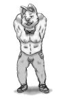  2021 anthro black_eyes bottomwear bow_tie bulge canid canine canis clothed clothing digital_media_(artwork) domestic_dog eyebrows footwear hands_behind_head hi_res male mammal monochrome muscular muscular_anthro muscular_male navel nekoni one_eye_half-closed pants partially_clothed pecs pose raised_eyebrow shoes solo standing teeth tongue topless 