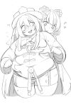  2girls belly_grab blush braid breasts clenched_hands embarrassed fat genshin_impact grabbing grabbing_another&#039;s_breast greyscale hair_rings hat highres hu_tao_(genshin_impact) jacket long_hair looking_back medium_breasts monochrome multiple_girls nimo_(b45ui) obese shorts surprised sweatdrop thick_thighs thighs twintails v-shaped_eyebrows very_long_hair xiangling_(genshin_impact) 