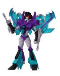  1girl armor black_lips breasts colored_skin high_heels highres humanoid_robot jet_boots medium_breasts panties purple_panties red_eyes refeal256 robot shoulder_armor simple_background slipstream_(transformers) solo thighs transformers transformers_animated underwear weapon wings 