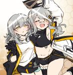  2girls ;d armpits bandaid bandaid_on_face bandaid_on_nose black_gloves black_shorts breasts cellphone chest_tattoo collarbone commentary crossover english_commentary gloves grey_hair hachi_(live_union) hair_between_eyes hair_ornament hairclip highres holding holding_phone honkai:_star_rail honkai_(series) live_union long_hair long_sleeves look-alike looking_away multiple_girls navel one_eye_closed parted_lips phone selfie sesield shirt short_shorts short_sleeves shorts sideboob sidelocks single_thighhigh sketch sleeveless smartphone smile standing standing_on_one_leg stelle_(honkai:_star_rail) stomach taking_picture tattoo thighhighs thighlet trailblazer_(honkai:_star_rail) v virtual_youtuber white_shirt yellow_eyes 
