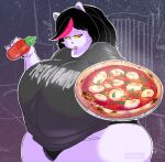  anthro big_breasts black_hair bottle breasts catti_(deltarune) clothed clothing container deltarune domestic_cat felid feline felis female food fur hair hi_res hot_sauce huge_breasts huge_thighs hyper hyper_breasts mammal obese obese_anthro obese_female overweight overweight_anthro overweight_female panties partially_clothed pizza seldom shirt solo sriracha standing t-shirt thick_thighs topwear undertale_(series) underwear voluptuous_female white_body white_fur yellow_eyes 