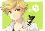  1boy adrien_agreste animal_hands blonde_hair chat_noir cheese closed_mouth eating food green_eyes highres hm89509321 jacket miraculous_ladybug open_mouth short_hair smile white_jacket 