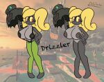  anthro areola big_breasts blonde_hair bottomwear breasts clothing drizzler_(splatoon) eyelashes female fish genitals green_bottomwear green_clothing green_pants grey_areola grey_body grey_nipples grey_scales hair hand_on_hip hi_res huge_breasts marine nintendo nipples nude octo_toaster pants pussy red_eyes salmon salmonid_(fish) salmonid_(splatoon) scales solo splatoon suspenders text umbrella yellow_sclera 