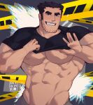  1boy abs bara beard_stubble black_hair cowboy_shot dei_(deikyrio) grin huge_eyebrows large_pectorals lifted_by_self looking_at_viewer lucas_lee male_focus muscular muscular_male navel nipples pectorals scott_pilgrim_takes_off seductive_smile shirt short_hair short_sleeves small_hands smile solo stomach t-shirt tight_clothes tight_shirt underpec v-taper 
