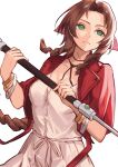  1girl absurdres aerith_gainsborough bangle bracelet braid braided_ponytail breasts brown_hair choker cleavage closed_eyes dress fighting_stance final_fantasy final_fantasy_vii final_fantasy_vii_remake green_eyes hair_ribbon highres holding holding_staff jacket jewelry long_hair materia medium_breasts parted_bangs pink_dress pink_ribbon red_jacket ribbon short_sleeves sidelocks single_braid solo staff temoc upper_body white_background 