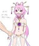  1girl alternate_costume angry armband blush earrings forehead_jewel fu_xuan_(honkai:_star_rail) hair_ornament harem_outfit highres holding_another&#039;s_wrist honkai:_star_rail honkai_(series) jewelry navel nipple_slip nipples pelvic_curtain pink_hair simple_background twintails veil 