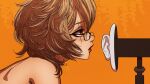  1girl asmr bare_shoulders binaural_microphone black-framed_eyewear brown_eyes brown_hair clio_aite close-up commission from_side glasses highres indie_virtual_youtuber kuu_(artist) microphone orange_background parted_lips scar scar_across_eye short_hair solo vgen_commission virtual_youtuber 