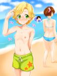  1boy 2girls aikatsu! aikatsu!_(series) arm_behind_back bare_arms beach bikini blonde_hair blue_bikini blurry blurry_background blush brown_hair closed_mouth collarbone cowboy_shot flat_chest green_eyes green_male_swimwear hair_ornament hair_scrunchie highres innertube male_swimwear male_swimwear_challenge multiple_girls navel nipples ocean pink_scrunchie ponytail ptrt scrunchie shinjou_hinaki solo_focus standing summer sweatdrop swimsuit topless trembling 