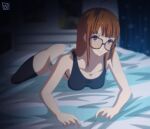  1girl ahoge arm_support artist_logo ass bare_arms bed black-framed_eyewear black_tank_top black_thighhighs blunt_bangs breasts brown_hair closed_mouth collarbone full_body glasses heart heart-shaped_pupils highres keihh long_hair looking_at_viewer lying on_bed on_stomach panties persona persona_5 purple_eyes sakura_futaba small_breasts solo straight_hair striped striped_panties symbol-shaped_pupils tank_top thighhighs thighs underwear 