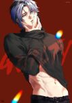  0pa158 1boy belt black_hair black_pants black_shirt blue_hair clothes_lift covering_mouth green_eyes grey_hair guilty_challenge_(meme) hand_over_own_mouth hex_haywire highres long_sleeves male_focus meme midriff multicolored_hair navel nijisanji nijisanji_en pants red_background shirt shirt_lift stomach streaked_hair virtual_youtuber 
