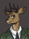  3:4 anthro antlers brown_antlers brown_background brown_eyebrows brown_eyes brown_inner_ear bucklucky bust_portrait clothed clothing deer eyebrows green_clothing green_topwear hi_res horn looking_at_viewer male mammal mouth_closed narrowed_eyes portrait signature simple_background solo topwear white_clothing white_topwear 