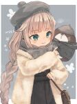  1girl artist_name bag black_dress blush bokukawauso closed_mouth coat dress green_eyes grey_hair grey_headwear grey_scarf hat kantai_collection long_hair long_sleeves mikura_(kancolle) open_clothes open_coat pom_pom_(clothes) scarf shoulder_bag signature smile solo upper_body white_coat wss_(nicoseiga19993411) 