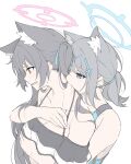  2girls absurdres animal_ear_fluff animal_ears bikini biting black_bikini black_hair blue_archive blush cat_ears cross_hair_ornament extra_ears grey_hair hair_ornament hair_ribbon halo halterneck highres hug hug_from_behind long_hair looking_at_another masabodo multiple_girls neck_biting off-shoulder_bikini off_shoulder official_alternate_costume one-piece_swimsuit open_mouth ponytail ribbon serika_(blue_archive) serika_(swimsuit)_(blue_archive) shiroko_(blue_archive) shiroko_(swimsuit)_(blue_archive) simple_background swimsuit upper_body white_background wolf_ears yuri 