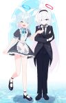  2girls :d absurdres apron arm_behind_back arona_(blue_archive) black_choker black_dress black_eyes black_hairband black_necktie black_pants blue_archive blue_bow blue_bowtie blue_hair bow bowtie braid butler choker closed_eyes colored_inner_hair dress female_butler gloves hair_over_one_eye hairband halo highres light_blue_hair long_hair maid_apron medium_hair multicolored_hair multiple_girls necktie pants pink_hair plana_(blue_archive) red_pupils ribbon single_braid smile thomason366 very_long_hair white_choker white_gloves white_hair white_ribbon 