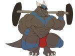  abs absurd_res amideo anthro barazoku biceps big_muscles bulge clothed clothing crouching dragon exercise flexing fossil_pokemon generation_4_pokemon hi_res himbo horn lifting male manly muscular muscular_anthro muscular_male nintendo nipples paws pecs pokemon pokemon_(species) rampardos scalie simple_background smile smirk solo tail teeth thong underwear weights workout 