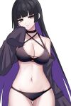  1girl bikini black_bikini black_choker black_hair bocchi_the_rock! breasts chin_piercing choker colored_inner_hair detached_sleeves grey_eyes groin highres kushinaka large_breasts long_hair looking_at_viewer multicolored_hair navel pa-san purple_hair sleeves_past_fingers sleeves_past_wrists smile solo swimsuit very_long_hair 