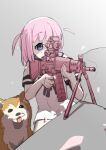  1girl :3 absurdres aiming assault_rifle bipod blue_eyes bocchi_the_rock! dog dress fn_scar gotoh_futari gugyun gun highres jimihen pink_hair rifle scope tongue tongue_out weapon white_dress 