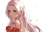  1girl bare_shoulders commentary_request desupisaro_122 edelgard_von_hresvelg fire_emblem fire_emblem:_three_houses flower hair_flower hair_ornament highres jewelry long_hair looking_at_viewer necklace open_mouth purple_eyes simple_background solo white_background white_hair 