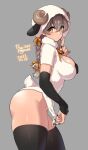  1girl agawa_ryou animal_ears ass braid breasts costume fake_horns from_side horned_headwear horns huge_ass large_breasts leotard looking_at_viewer medium_hair sheep_ears sheep_girl sheep_horns sheep_tail short_braid solo tail thick_thighs thighhighs thighs twin_braids 