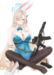  1girl ak-105 animal_ears assault_rifle asuna_(blue_archive) asuna_(bunny)_(blue_archive) black_pantyhose blue_archive blue_bow blue_bowtie blue_halo blue_leotard blue_ribbon bow bowtie breasts bullet cleavage detached_collar elcan_scope fake_animal_ears fte_(fifteen_199) gloves grin gun hair_over_one_eye hair_ribbon halo highres holding holding_gun holding_weapon kalashnikov_rifle large_breasts leotard looking_at_viewer official_alternate_costume pantyhose rabbit_ears ribbon rifle simple_background smile solo strapless strapless_leotard weapon white_background white_gloves 