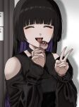  black_choker black_dress black_hair blush bocchi_the_rock! candy cardigan chin_piercing choker closed_eyes clothing_cutout colored_inner_hair dress ear_piercing earrings fingernails food forked_tongue gothic highres hime_cut holding holding_candy holding_food ibuki_(ibuki0118) indoors jewelry lip_piercing long_sleeves mouth_piercing multicolored_hair open_mouth pa-san piercing puffy_sleeves purple_hair shoulder_cutout stud_earrings teeth tongue tongue_out upper_teeth_only v 