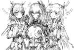  1girl absurdres comb embarrassed greyscale happy headgear highres holding holding_comb holding_scissors long_hair mechanical_arms mechanical_parts medium_hair monochrome multiple_persona punishing:_gray_raven rosetta_(punishing:_gray_raven) scissors shiokaze1409 sweatdrop 