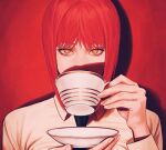  1girl black_necktie blunt_bangs close-up collared_shirt cup demon demon_girl expressionless holding holding_cup holding_saucer looking_at_viewer makima_(chainsaw_man) monhshur_r necktie red_hair ringed_eyes saucer shirt sidelocks solo teacup white_shirt yellow_eyes 
