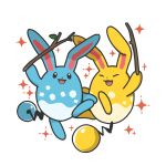  72kuri alternate_color animal_ears azumarill commentary_request highres holding holding_stick no_humans pokemon pokemon_(creature) rabbit_ears shiny_pokemon simple_background smile solid_oval_eyes sparkle stick tail white_background 
