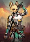  anthro blurred_background breasts brown_eyes cerbera cybernetics facial_markings felid feline female fur head_markings hi_res holding_object holding_weapon inner_ear_fluff looking_at_viewer machine mammal markings melee_weapon pink_nose science_fiction serval solo standing sword tuft watermark weapon 