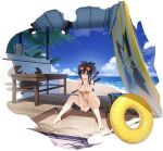  1girl artist_request asuka_(blue_oceans)_(senran_kagura) asuka_(senran_kagura) azur_lane beach bikini black_hair blue_sky breasts eyewear_on_head full_body gold_bikini highres large_breasts long_hair navel ocean official_alternate_costume official_art orange-tinted_eyewear outdoors sand senran_kagura sheath sheathed sitting sky solo spread_legs swimsuit tinted_eyewear v_arms yellow_innertube 