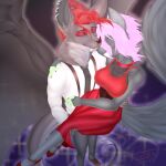  1:1 absurd_res anthro bat big_breasts breasts canid canine clothed clothing digital_media_(artwork) duo female fox fur hair hashi_(sralivewolfox) hi_res hybrid kiunata kiunata_(kiunata) male male/female mammal membrane_(anatomy) membranous_wings simple_background smile sralivewolfox tail wings 