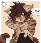  anthro blush blush_lines clothed clothing coff domestic_cat english_text felid feline felis first_person_view fur hair hi_res inner_ear_fluff male mammal sai_(saiai84) solo tail text threatening topless topless_anthro topless_male tuft 