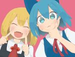  2girls :d :i ascot blonde_hair blue_bow blue_dress blue_eyes blue_hair blush bow cheek_poking cirno citrus_(place) closed_eyes d: dress fangs finger_to_face fingernails hair_bow hand_on_own_face happy highres index_finger_raised looking_at_viewer multiple_girls neck_bobbles neck_ribbon open_mouth parted_lips poking puffy_short_sleeves puffy_sleeves red_ascot red_ribbon ribbon rumia short_sleeves smile touhou v-shaped_eyebrows wing_collar 