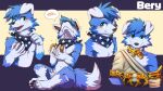  anthro arm_tuft black_pawpads blue_body blue_eyes blue_fur blue_hair blue_kerchief blue_neckerchief canid cheek_tuft crotch_tuft dipstick_tail eating elbow_tuft facial_tuft featureless_crotch floppy_ears food fur glistening glistening_eyes hair holding_food holding_object kerchief kuttoyaki leg_tuft male mammal markings messy_hair mouth_closed neckerchief pawpads short_hair shoulder_tuft simple_background sitting solo tail tail_markings tuft white_body white_fur 