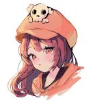  blush brown_hair guilty_gear hat_ornament highres hood hoodie may_(guilty_gear) moenaomii_(artist) orange_eyes orange_headwear orange_hoodie skull_and_crossbones skull_hat_ornament 