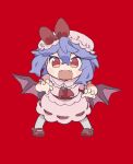  1girl :d ascot bat_wings blue_hair bow brooch citrus_(place) claw_pose commentary_request dress fangs full_body gao hat hat_bow jewelry leaning_forward legs_apart looking_at_viewer medium_hair mob_cap open_mouth pink_dress red_ascot red_background red_bow red_eyes remilia_scarlet smile solo standing touhou v-shaped_eyebrows wings 