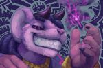  2017 ankou_(nommz) anthro black_sclera bracelet claws close-up clothed clothing digital_media_(artwork) finger_claws fur grin hair headshot_portrait horn imp jewelry low-angle_view male mammal mouse murid murine nommz portrait purple_body purple_eyes purple_fur rodent simple_background smile solo 