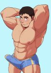  1boy abs absurdres armpits arms_behind_head bara blue_background blue_male_underwear boxer_briefs bulge erection erection_under_clothes feet_out_of_frame highres kouhei_(otsukimi) large_pectorals looking_at_viewer male_focus male_underwear muscular muscular_male nipples original otsukimi pectorals scar scar_on_cheek scar_on_face short_hair sideburns smile solo sparse_chest_hair standing stomach thick_eyebrows topless_male underwear very_short_hair 