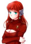  1girl blush breasts cleavage closed_mouth green_eyes hair_ornament jewelry long_hair looking_at_viewer maronee_san meme_attire primiera_(saga) red_hair red_sweater ribbed_sweater saga saga_frontier_2 simple_background solo sweater turtleneck turtleneck_sweater virgin_killer_sweater white_background 